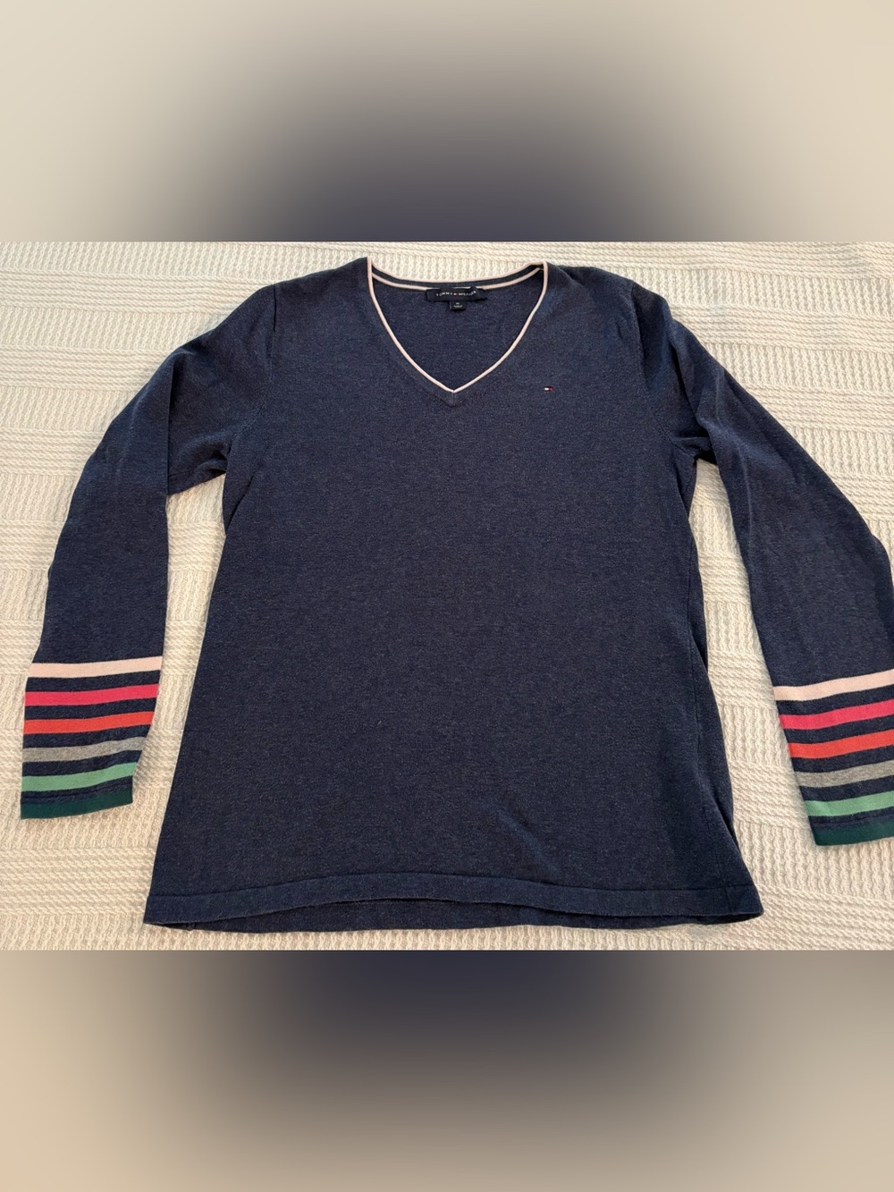 Tommy Hilfiger Navy V-Neck Sweater with Light Pink Trim